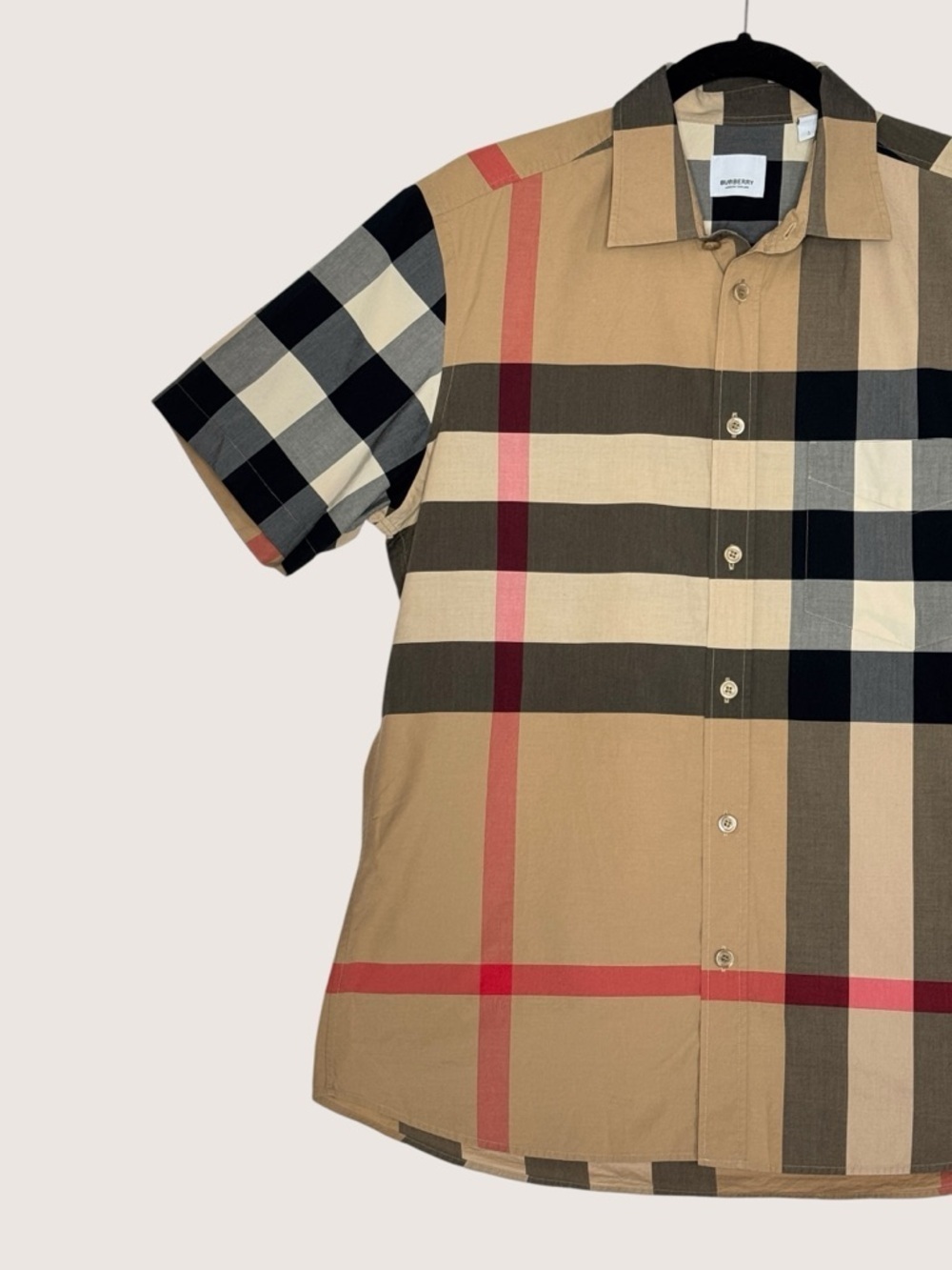Burberry Nova Check Short Sleeve Button Up Shirt Size L Beige Plaid Cotton - Picture 3 of 15